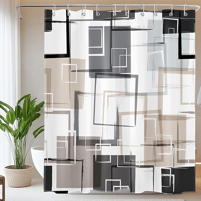 Black and Tan Geometric Shower Curtain with Hooks, Grey and White Abstract Striped on White Fabric Shower Curtain for Bathroom Decor Modern Minimalist Shower Curtain Set,72L X 60W inches