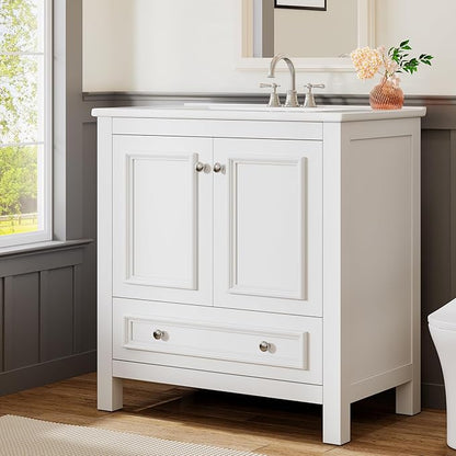 Tribesigns 30" Modern Bathroom Vanity with Sink, Freestanding Bathroom Vanities Cabinet with Ceramic Basin Combo, Bathroom Sink Cabinet with 2 Doors and 1 Drawer, Solid Wooden Frame, Black