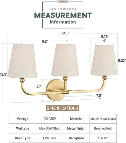3-Light Bathroom Light Fixtures, Brushed Gold Vanity Lights with Linen Fabric Shade, Modern Sconces Wall Lighting for Hallway Bedroom, Upward Lighting, VL837-BG-A-3