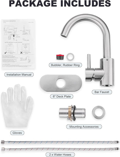Modern Bar Sink Faucet, Single-Handle Bathroom Kitchen Sink Faucet, 1 Hole Wet Bar Sink Faucets with 360°Swivel Spout for bar RV Laundry Farmhouse, Brushed Nickel