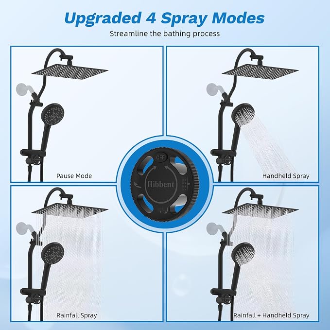 Hibbent High Pressue All Metal 12" Rainfall Shower Head, Handheld 10-Spray | cUPC Certified Matte Black Dual Showerhead Combo, 4-way Diverter with Pause Mode, Brass Extension Arm, 71'' Hose & Holder