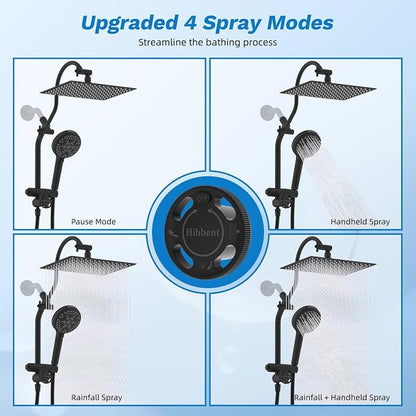 Hibbent High Pressue All Metal 12" Rainfall Shower Head, Handheld 10-Spray | cUPC Certified Matte Black Dual Showerhead Combo, 4-way Diverter with Pause Mode, Brass Extension Arm, 71'' Hose & Holder