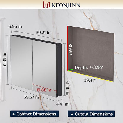 Keonjinn 40" x 32" Large Black Medicine Cabinet Mirror, Safe Tempered Glass | Assembly Needed, Freely Adjustable Shelves, Recessed or Wall Mount, Ample Storage, Soft Closing DTC Hinges, Lightweight