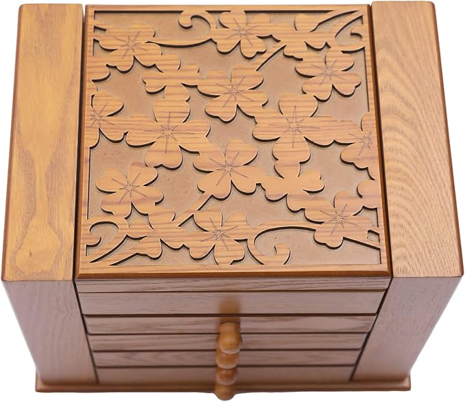 Extra Large Four-Leaf Carved 5 Layers Wooden Jewelry Box Jewelry Case Cabinet Armoire Ring Necklacel Gift Storage Box Organizer(5 Layers,Brown,Style 1)