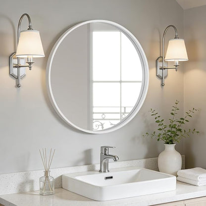 Round Wood Mirror 24 inch Circle Wall Mirror for Bathroom Round Wall Mirror for Wall Decor, Vanity, Entryway Living Room (White)