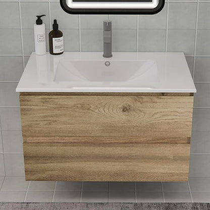 Floating Bathroom Vanity with Sink and 2 Soft-Close Drawers – Moisture-Resistant MDF, Space-Saving Design for Modern Bathrooms (Nature with Sink, 30)