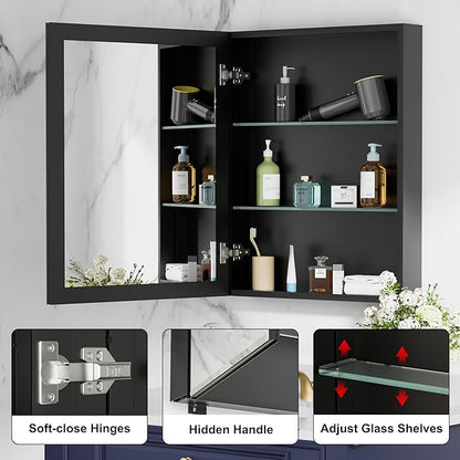 28 x 30 Inch Large Medicine Cabinet with Mirror, Black Aluminum Bathroom Cabinet with Storage, Oversized Single Door Tempered Beveled Glass, Recessed or Surface Mount, Adjustable Shelves