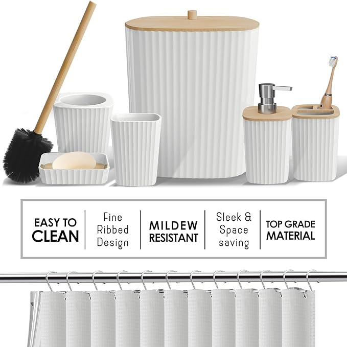 Clara Clark Bathroom Accessories Set - 27PC Bathroom Set with Adhesive Corner Shower Caddy Hanging, Bathroom Sets with Shower Curtain and Rugs, White Shower Curtain Set with Bathroom Trash Can | 27 Piece Bathroom Sets with Shower Curtain and Rugs with ...