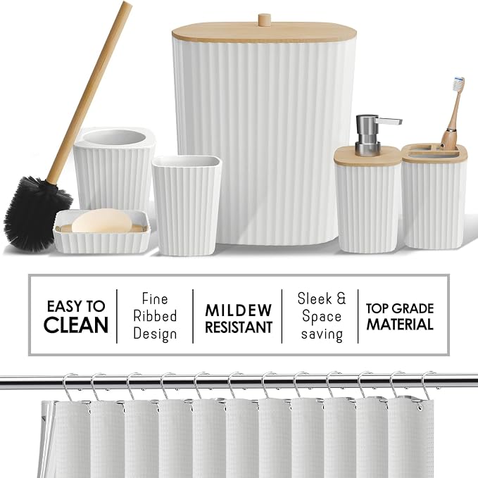 Clara Clark Bathroom Accessories Set - 27PC Bathroom Set with Adhesive Corner Shower Caddy Hanging, Bathroom Sets with Shower Curtain and Rugs, Ombre White Shower Curtain Set with Bathroom Trash Can | 27 Piece Ombre White Bathroom Sets with Shower Curt...