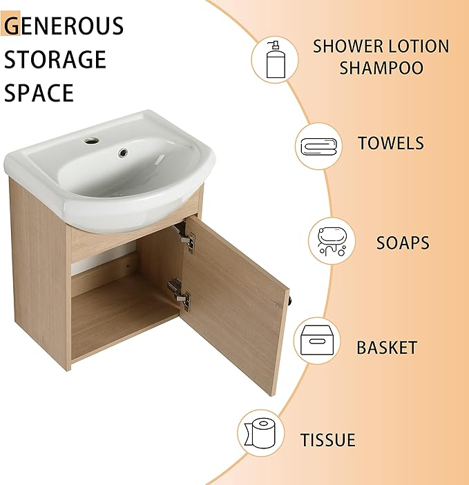 18" Bathroom Vanity with Sink, 18 Inch Floating Bathroom Vanity for Small Space, Modern Bathroom Vanity, Brown Wall Mounted Cabinet Set