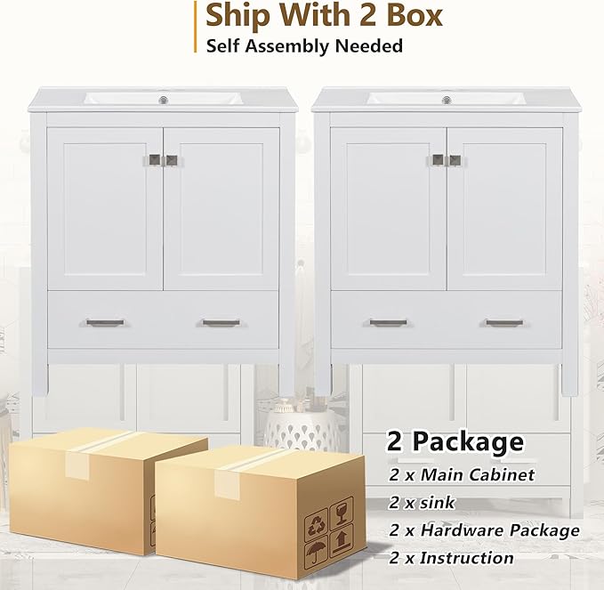 LUMISOL 60" Double Sink Bathroom Vanity, Solid Wood Bathroom Sink Cabinet with 2 Drawers, Storage Racks & 2 Cabinets, Separate 2 Bathroom Vanities with Ceramic Sink, Mirror Not Included, White