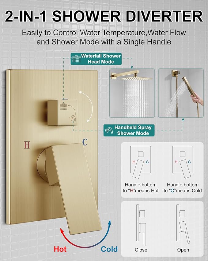 Shower Faucet Set Rainfall Shower System with Square Showerhead and Handle Set Fixture with 2 in 1 Function Handheld Sprayer Wall Mounted Trim Repair Kit Rough-in Valve 8 Inch Brushed Gold