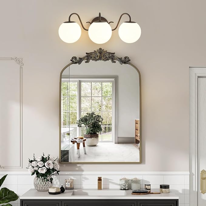 3 Lights Vintage Bathroom Vanity Light Fixtures Over Mirror, Oil Rubbed Bronze Vanity Lights For Bathroom With Milk Glass Globe Shade, Wall Lights For Bedroom, Hallway, Dressing Table(G9 Incl.)