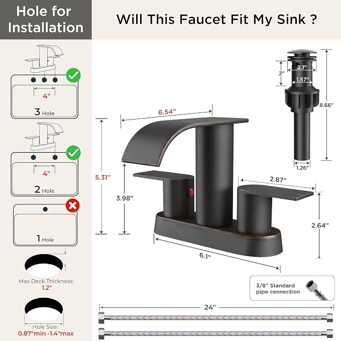 FORIOUS Bathroom Faucet 4 Inch Centerset 2 Hole Waterfall Oil Rubbed Bronze | Bathroom Sink Faucet 2 Handles with Pop up Drain and cUPC Hose, Lead-Free, Suitable for RV Vanity Lavatory and Restroom