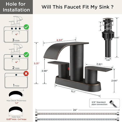 FORIOUS Bathroom Faucet 4 Inch Centerset 2 Hole Waterfall Oil Rubbed Bronze | Bathroom Sink Faucet 2 Handles with Pop up Drain and cUPC Hose, Lead-Free, Suitable for RV Vanity Lavatory and Restroom