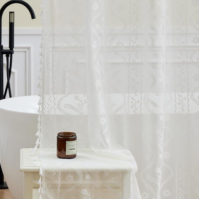WAZZIO White Lace Shower Curtain - Vintage Pretty Flower Sheer Shower Curtains, Elegant Decorative Tassel Bath Curtains for Bathroom, 72 x 84 Inch, 1 Piece