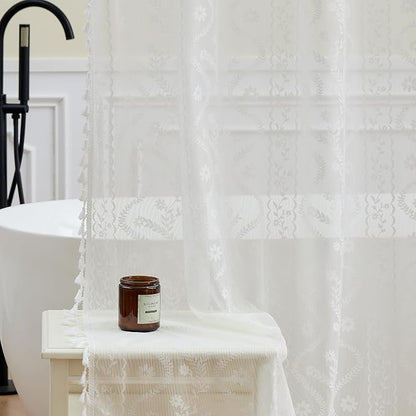 WAZZIO White Lace Shower Curtain - Vintage Pretty Flower Sheer Shower Curtains, Elegant Decorative Tassel Bath Curtains for Bathroom, 72 x 84 Inch, 1 Piece
