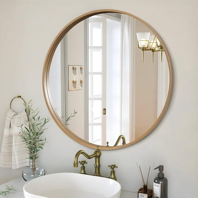 Round Wood Mirror, 32" Round Modern Decoration Large Circle Wall Mirror for Bathroom Living Room Bedroom Entryway, Honey