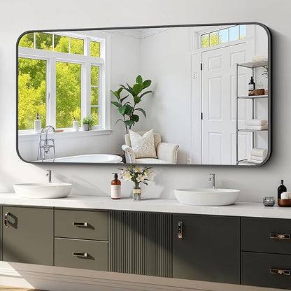 Koonmi Black Framed Bathroom Mirror - 30x60 Inch Shatterproof Tempered Glass Vanity Mirror for Bathroom Sink, Wall Mounted with Matte Aluminum Alloy Frame, No Distortion, Modern Decor