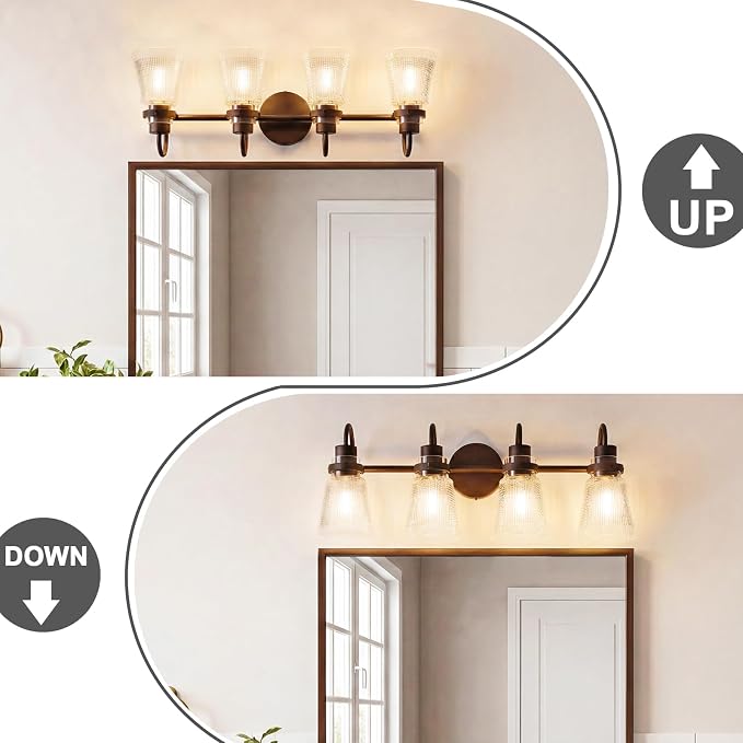 Vintage Farmhouse Vanity Wall Sconce Lighting, 4-Light Oil Rubbed Bronze Bathroom Vanity Light Over Mirror with Clear Striped Glass Shade, 25.7" Retro Wall Lamp for Bedroom Living Room