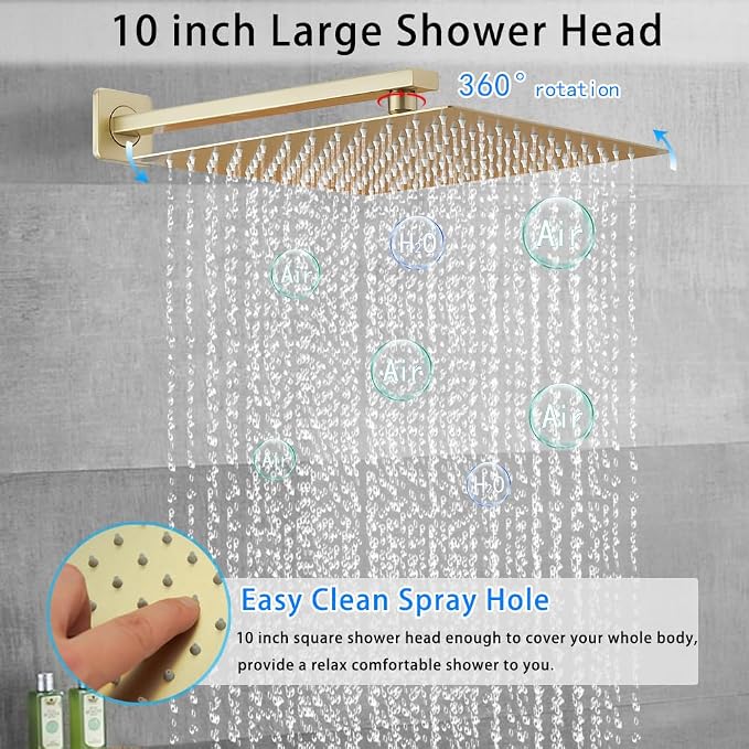 Brushed Gold Shower System YCAIKOI Wall Mount Shower Faucet Set for Bathroom 10 Inch High Pressure Luxury Shower Head with Handheld, Rough-in Valve Body and Trim Included