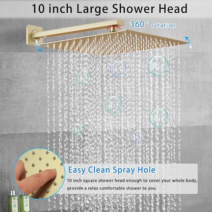 Brushed Gold Shower System YCAIKOI Wall Mount Shower Faucet Set for Bathroom 10 Inch High Pressure Luxury Shower Head with Handheld, Rough-in Valve Body and Trim Included