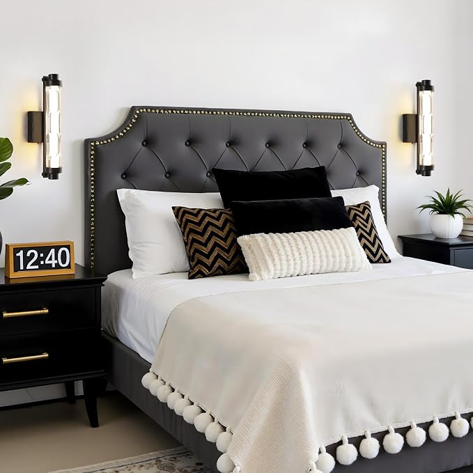 15.4" Black Wall Sconces Set of 2, Modern Bathroom Sconces with Ripple Glass Shade, 5CCT Dimmable LED Wall Lights 14W for Bedroom, Hallway, Staircase
