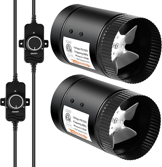 Simple Deluxe 4 Inch 106 CFM Inline Exhaust Fan, Equipped with Speed Controller, Suitable for Basements, Bathrooms, Kitchens, Attics and Grow Tents, 2 Pack, Extra 2 Thermometers Included, Black