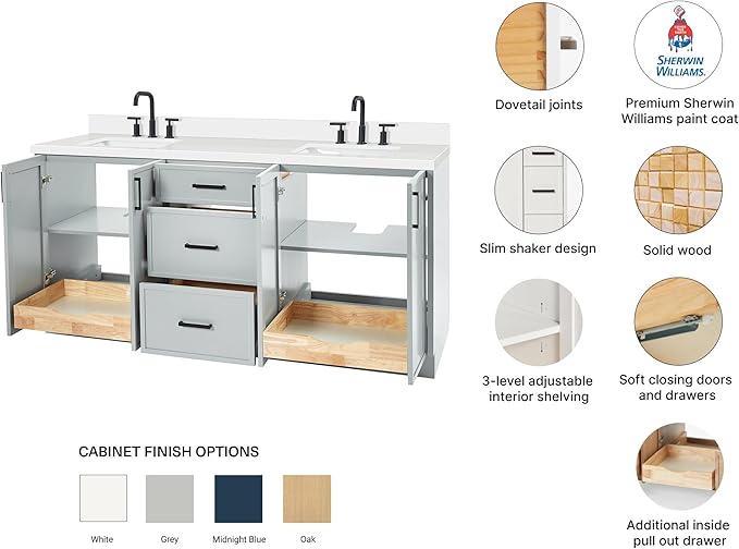 ARIEL Kelly 72-inch Bathroom Vanity with Sink,Solid Wood, 1.5-inch Pure White Quartz Countertop & Backsplash, Double Rectangular Porcelain Sink, 4 Soft Closing Doors, 5 Dovetail Drawers, Grey