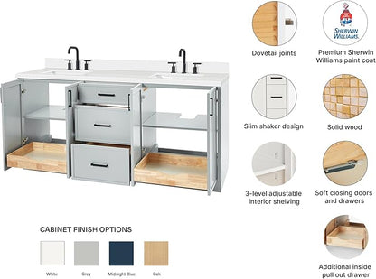ARIEL Kelly 72-inch Bathroom Vanity with Sink,Solid Wood, 1.5-inch Pure White Quartz Countertop & Backsplash, Double Rectangular Porcelain Sink, 4 Soft Closing Doors, 5 Dovetail Drawers, Grey