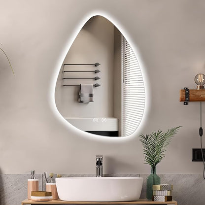 Niccy Irregular LED Bathroom Mirror, Frameless Backlit Wall Mirror, 20"x28" | Asymmetrica Lighted Mirror for Bedroom Living Room, Modern Smart-Mirror with 3 Color Lighting, Anti-Fog, Memory Function