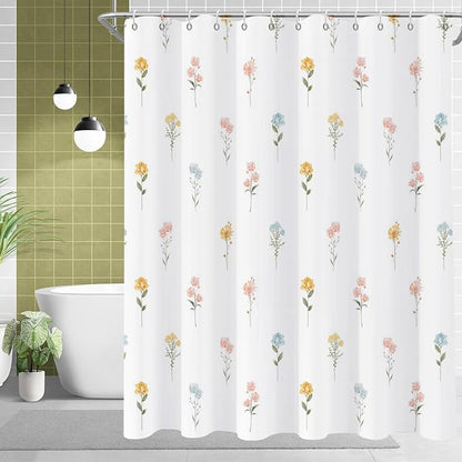 Floral Shower Curtain, Wildflower Botanical Plant Leaves Cute Flower Spring Herbs Elegant Waterproof Fabric Machine Washable for Bathroom Bathtub with Hooks 60Wx72H