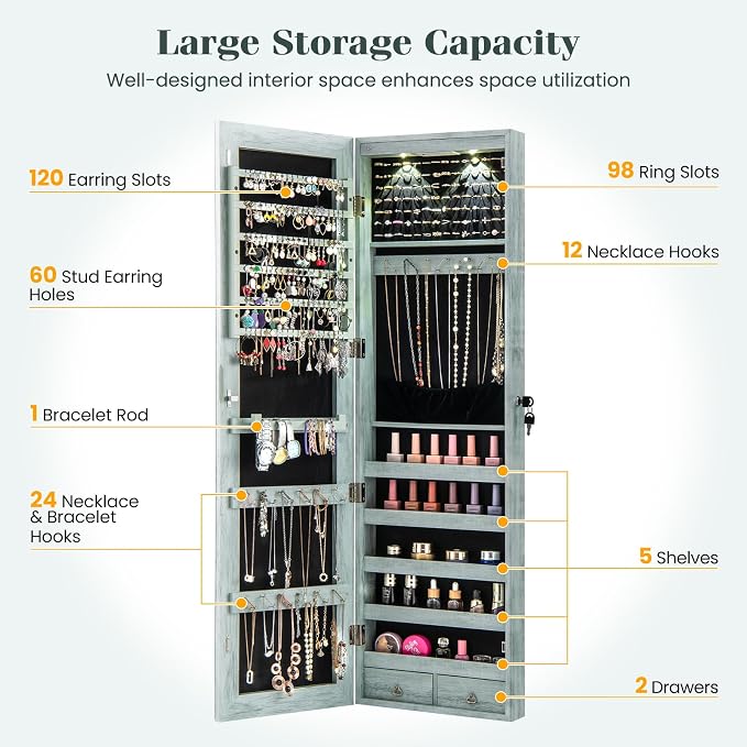 Giantex Wall or Door Mounted Jewelry Armoire with 47.5" Full Length Mirror, Lockable Cabinet with 2 LED Lights, 2 Drawers, Over the Door Large Jewelry Storage Organizer (Weathered Blue)