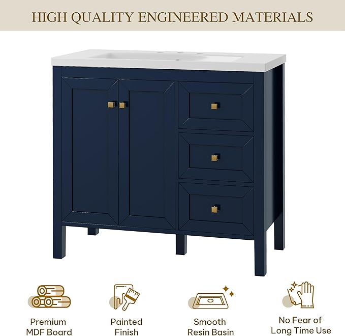 DWVO 36 Inch Bathroom Vanity with Sink Combo, Modern Bathroom Storage Cabinet with Resin Basin, Three Holes, 2 Doors & 3 Drawers, Navy Blue