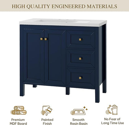 DWVO 36 Inch Bathroom Vanity with Sink Combo, Modern Bathroom Storage Cabinet with Resin Basin, Three Holes, 2 Doors & 3 Drawers, Navy Blue