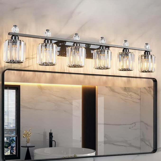 Bathroom Vanity Lights 6-Light Plating Black Modern Crystal Vanity Light Fixtures Over Mirror Crystal Bathroom Vanity Lighting Fixtures