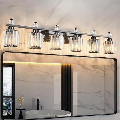 Bathroom Vanity Lights 6-Light Plating Black Modern Crystal Vanity Light Fixtures Over Mirror Crystal Bathroom Vanity Lighting Fixtures