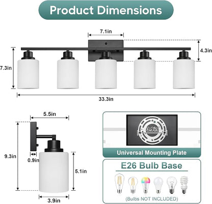Ascher Bathroom Light Fixtures, 5-Light Vanity Light Over Mirror, Matte Black Wall Sconces with Milky White Frosted Glass Shades, Wall Lamp for Living Room Bedroom, E26 Base(Bulbs Not Included)