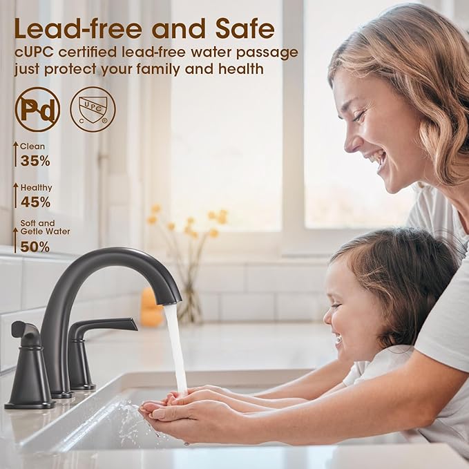 Widespread Bathroom Faucet 3 Hole, Matte Black Bathroom Sink Faucet, 2 Handle Brass Bathroom Faucets for Vanity Faucet with Pop Up Drain and 2 Supply Lines