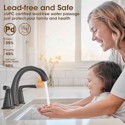 Widespread Bathroom Faucet 3 Hole, Matte Black Bathroom Sink Faucet, 2 Handle Brass Bathroom Faucets for Vanity Faucet with Pop Up Drain and 2 Supply Lines