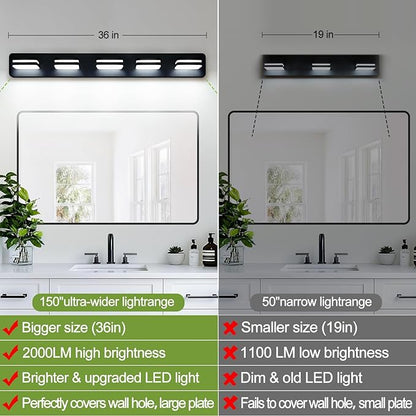 360° Rotate LED Bathroom Vanity Light Fixtures, 2100LM Acrylic Matte Black Vanity Lights for Bathroom, Modern Wall Lighting Fixtures Over Mirror Kitchen Living Room Hallway (Natural White Light 5000K)