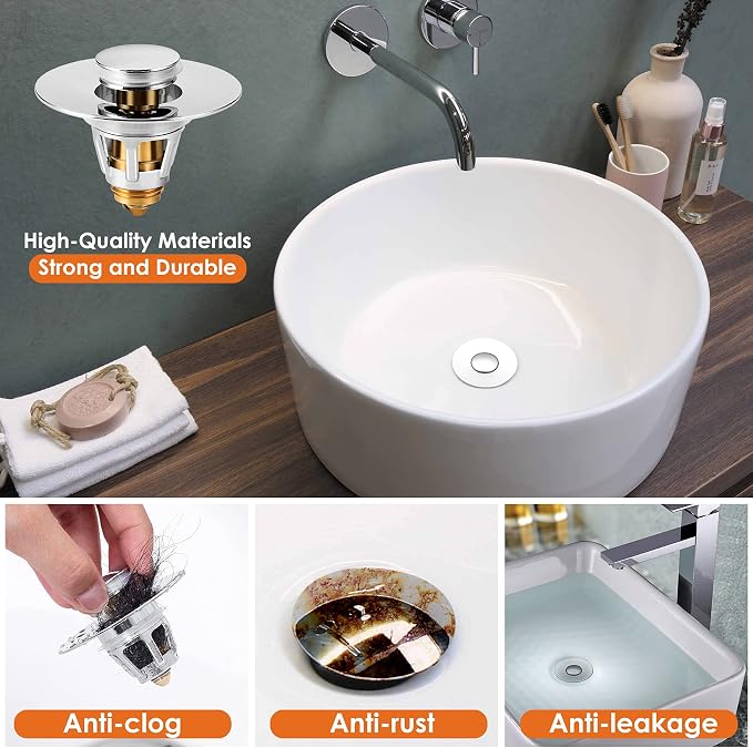 Universal Bathroom Sink Stopper, Basin Pop-up Bathroom Sink Drain Strainer, Bathroom Drain Stopper with Stainless Steel Hair Catcher for 1.1-1.5 Inch Drain(1 PCS, Silver)