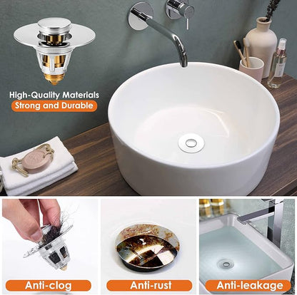 Universal Bathroom Sink Stopper, Basin Pop-up Bathroom Sink Drain Strainer, Bathroom Drain Stopper with Stainless Steel Hair Catcher for 1.1-1.5 Inch Drain(1 PCS, Silver)