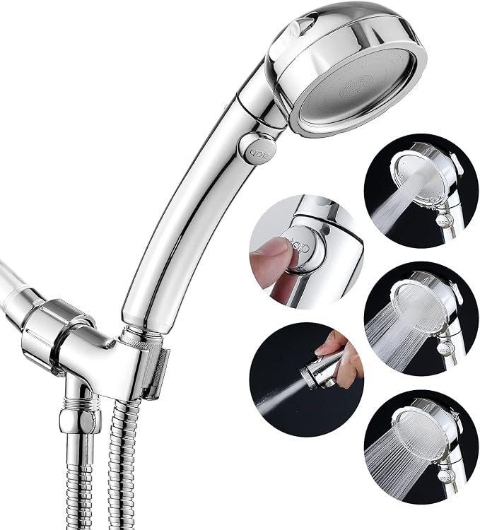 JONKEAN Handheld Shower Head with Hose for RV Chrome | High Pressure and Water Saving, ON/OFF Switch, Easy to Detachable, Equipped with 3 Spray Modes and Bracket