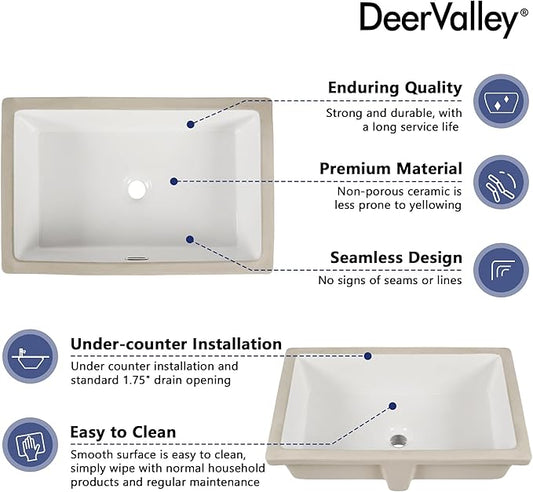 DeerValley 23.9"x15.79" Undermount Bathroom Sink Rectangular Undermount Sink White Ceramic Under Counter Bathroom Sinks with Flat Overflow DV-1U0209