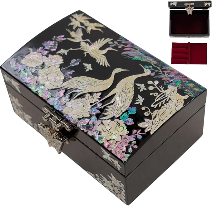 Mother of Pearl Jewelry Box – Christmas, Birthday, Valentine’s Day & Mother’s Day Gift for Women, Wedding Keepsake, Elegant Holiday Stocking Stuffer (Cranes in Bloom)