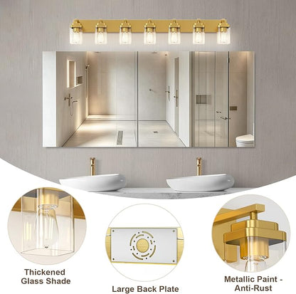 Brushed Gold Bathroom Light Fixtures, 7 Lights Bathroom Lighting Fixtures Over Mirror, Square Design & Rectangle Large Backplate, Modern Vanity Lighting Fixtures, for Living Room/Bedroom