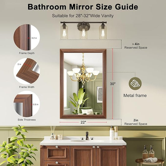 Bathroom Mirror for Over Sink,22x30Inch Thick Anti-Rust Wood Grain Metal Frame, Rectangle Decorative Wall Mirror with HD Tempered Glass, Horizontal or Vertical Mount for Vanity, Bathroom,Living Room