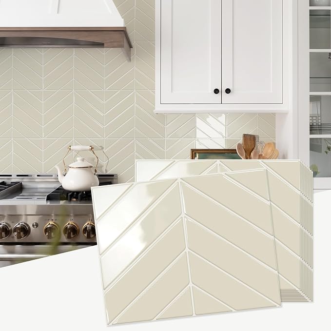 STICKGOO Herringbone Peel and Stick Backsplash, Light Gray Beige, 10 Sheets | 12.6 x 9.7 in, Thicker Rectangular Vinyl Stick-On Wall Tiles, Easy Alignment, Waterproof, Easy to Clean, Kitchen/Bathroom