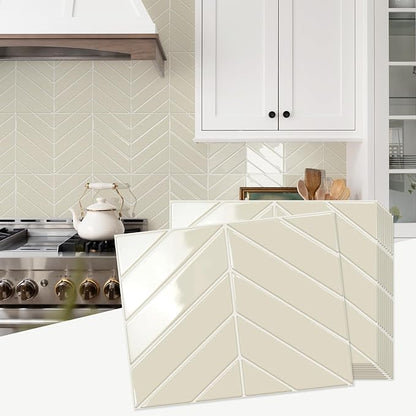STICKGOO Herringbone Peel and Stick Backsplash, Light Gray Beige, 10 Sheets | 12.6 x 9.7 in, Thicker Rectangular Vinyl Stick-On Wall Tiles, Easy Alignment, Waterproof, Easy to Clean, Kitchen/Bathroom